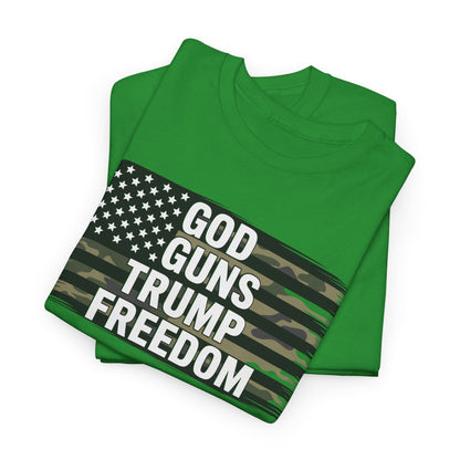 God Guns Trump Freedom Funny Camouflage Pro Gun USA Flag T-Shirt