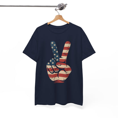 USA Flag Peace Sign Hand 4th of July Patriotic Men Boys T-Shirt