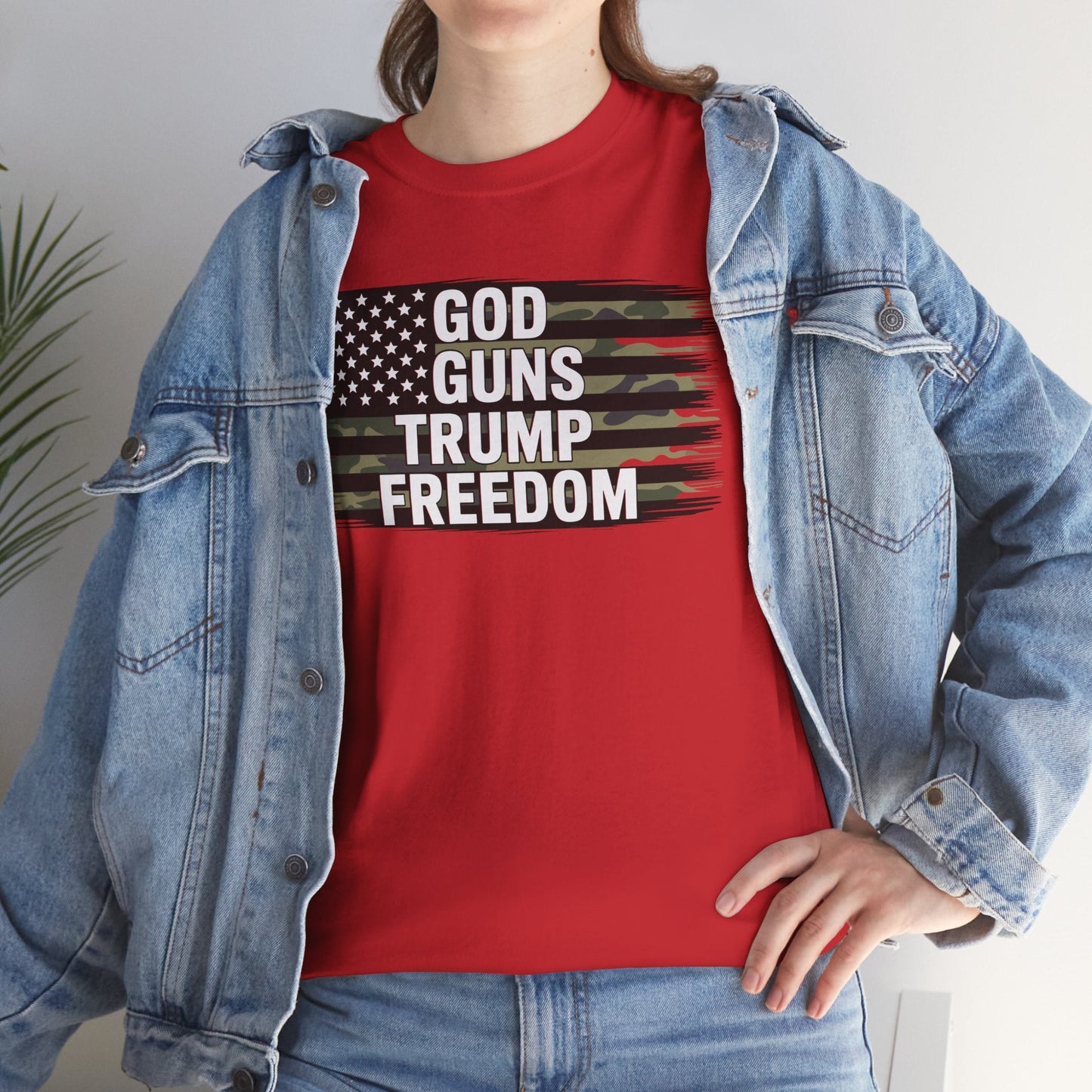 God Guns Trump Freedom Funny Camouflage Pro Gun USA Flag T-Shirt