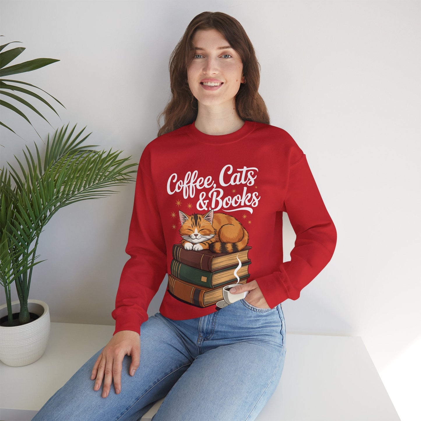 Coffee Cats & Books Lover, For Women & Girls, Funny Coffee Sweatshirt