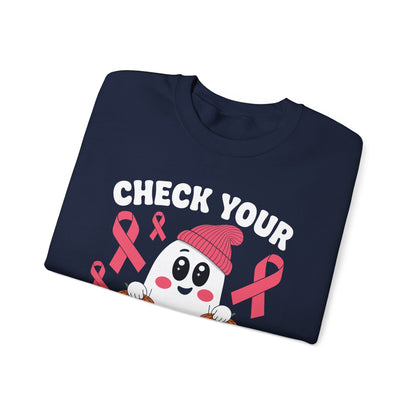 Breast Cancer Halloween Boo Ghost Check Your Pumpkins Womens Sweatshirt