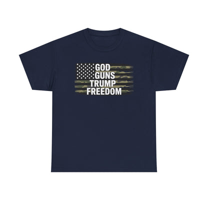 God Guns Trump Freedom Funny Camouflage Pro Gun USA Flag T-Shirt