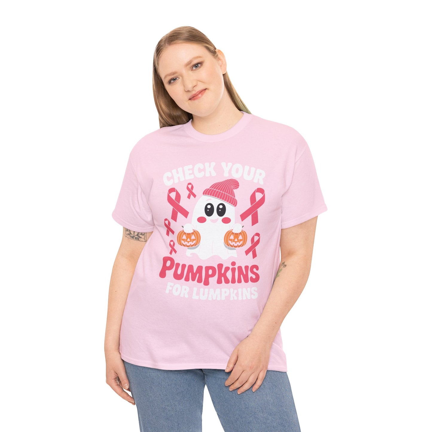 Breast Cancer Halloween Boo Ghost Check Your Pumpkins Womens T-Shirt