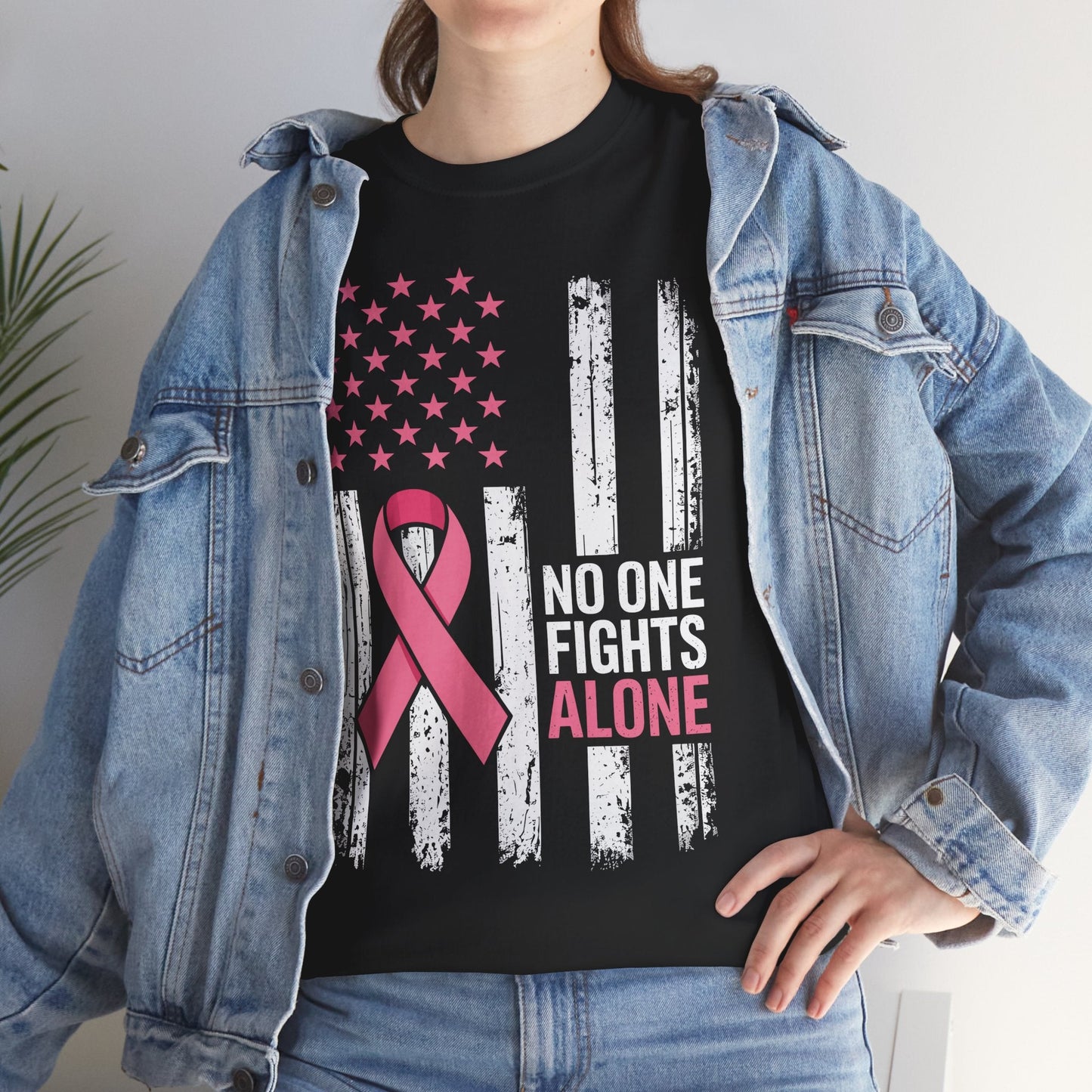 No One Fights Breast Cancer Alone American Flag Pink Ribbon T-Shirt