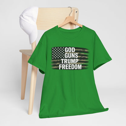 God Guns Trump Freedom Funny Camouflage Pro Gun USA Flag T-Shirt