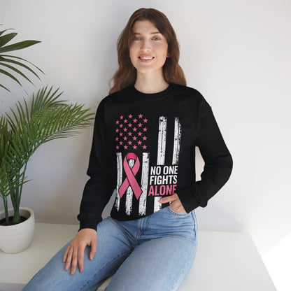 No One Fights Breast Cancer Alone American Flag Pink Ribbon Sweatshirt