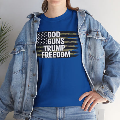 God Guns Trump Freedom Funny Camouflage Pro Gun USA Flag T-Shirt