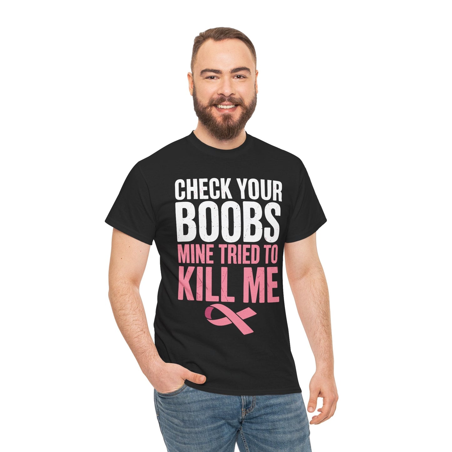 Check Your Boobs Mine Tried To Kill Me Funny Breast Cancer T-Shirt