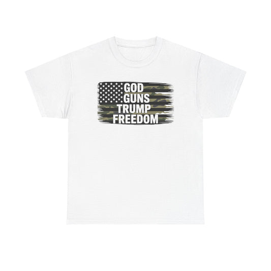 God Guns Trump Freedom Funny Camouflage Pro Gun USA Flag T-Shirt