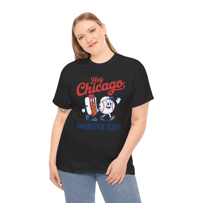 Hey Chicago Whadya Say Baseball and Hot Dog 4th of July Men Women T-Shirt