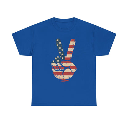 USA Flag Peace Sign Hand 4th of July Patriotic Men Boys T-Shirt