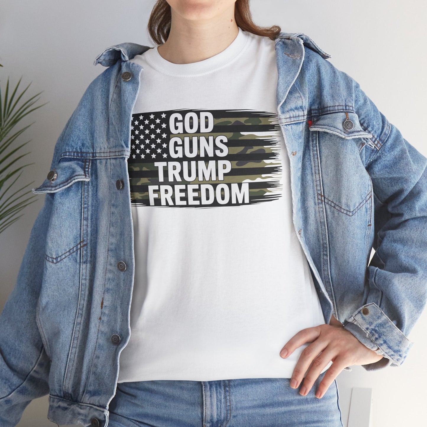 God Guns Trump Freedom Funny Camouflage Pro Gun USA Flag T-Shirt