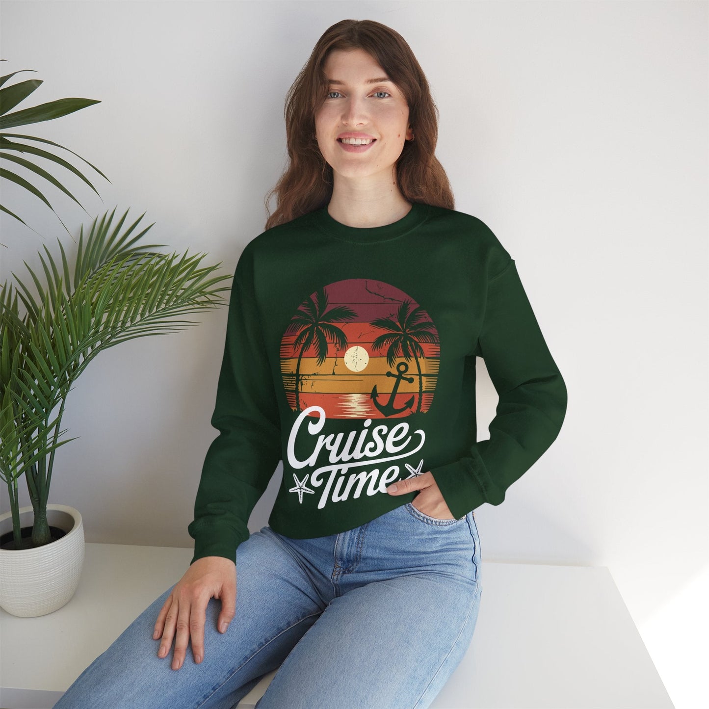 On Cruise Time Coconut Tree Graphic Summer Vacation Cruising Sweatshirt