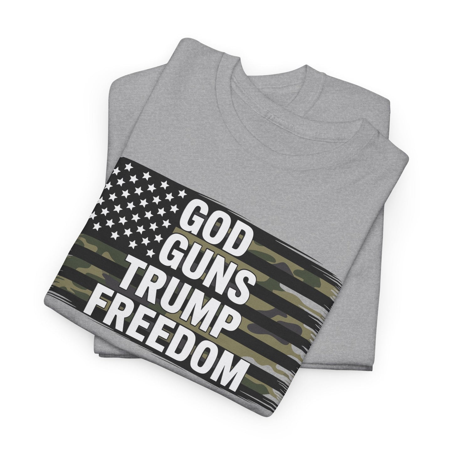 God Guns Trump Freedom Funny Camouflage Pro Gun USA Flag T-Shirt