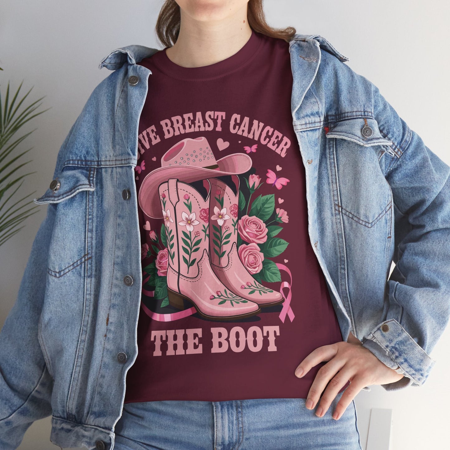 Give Breast Cancer The Boot Cowgirl Cancer Awareness Ribbon T-Shirt