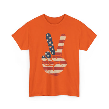 USA Flag Peace Sign Hand 4th of July Patriotic Men Boys T-Shirt