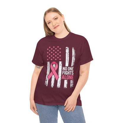 No One Fights Breast Cancer Alone American Flag Pink Ribbon T-Shirt