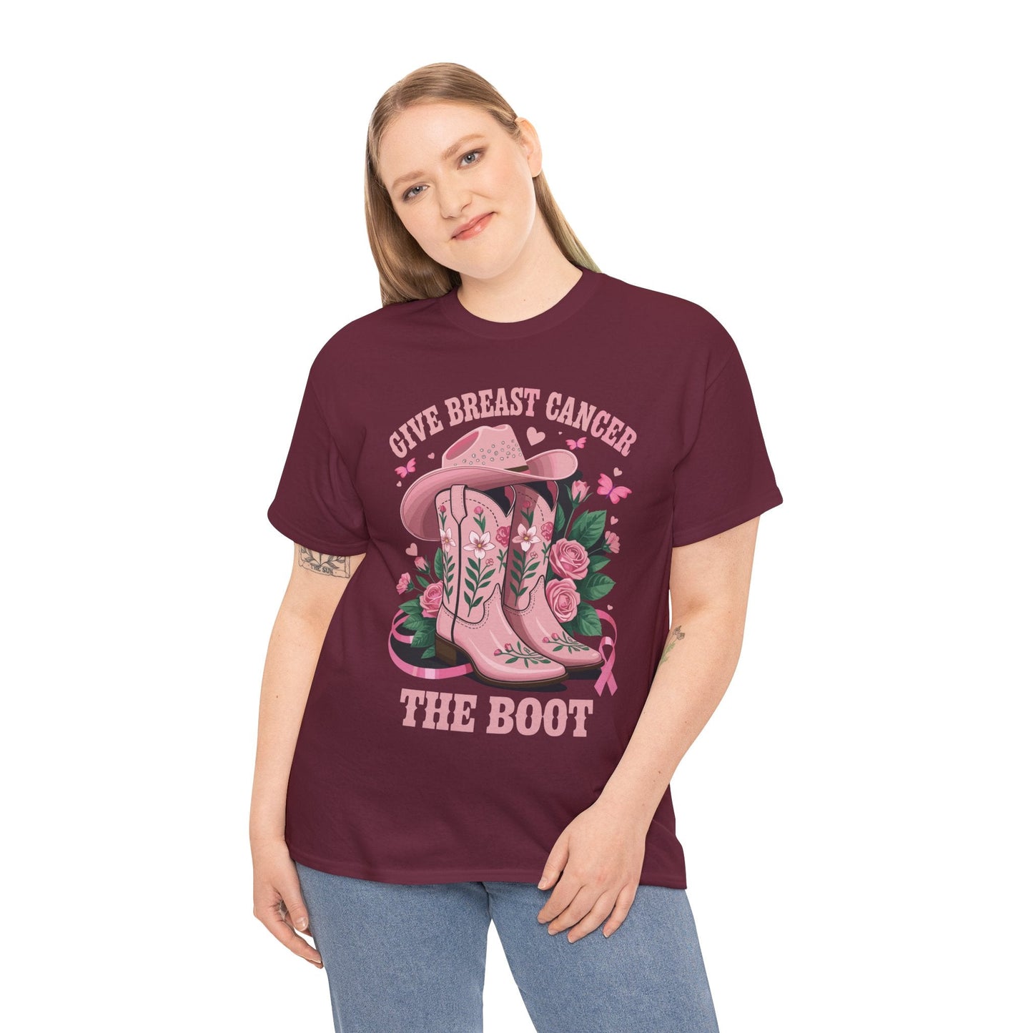 Give Breast Cancer The Boot Cowgirl Cancer Awareness Ribbon T-Shirt