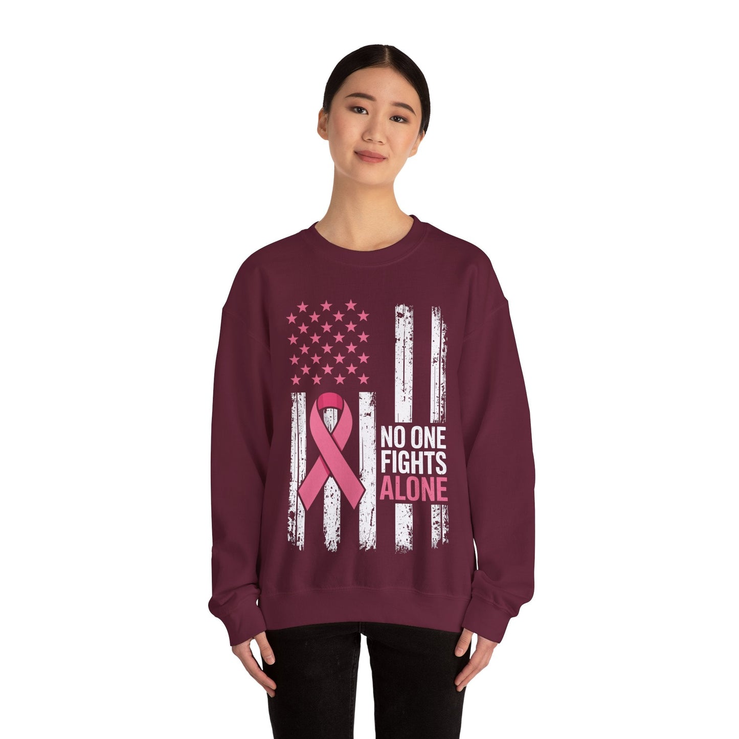 No One Fights Breast Cancer Alone American Flag Pink Ribbon Sweatshirt