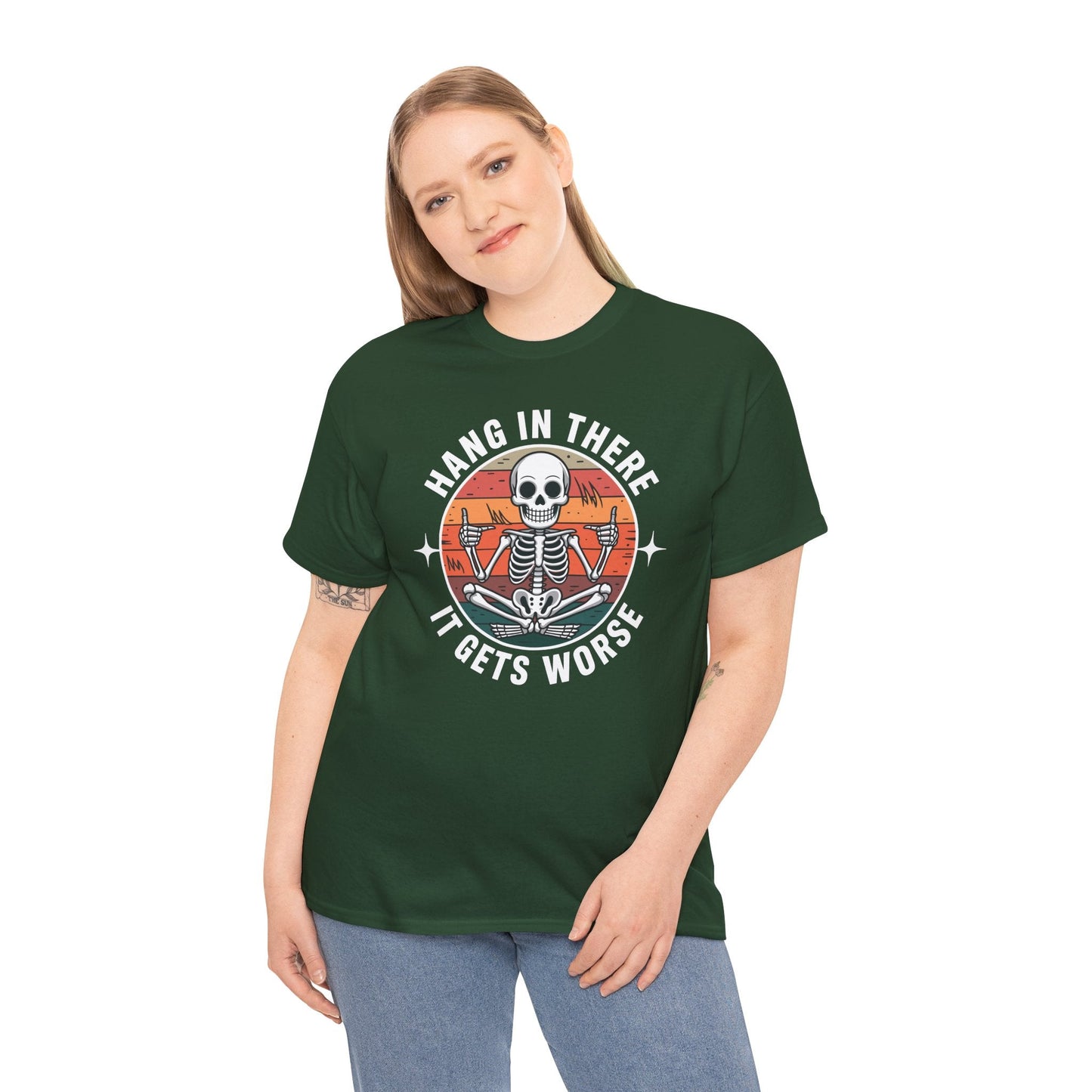 Hang In There It Gets Worse Sarcastic skeleton Flames T-Shirt