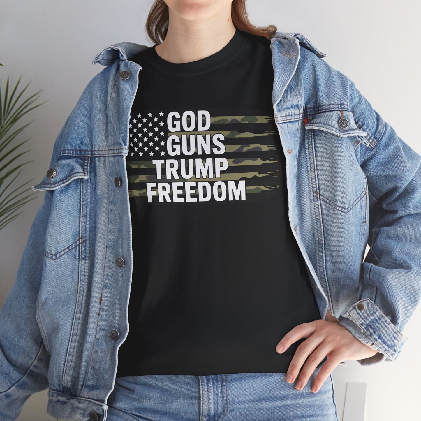 God Guns Trump Freedom Funny Camouflage Pro Gun USA Flag T-Shirt