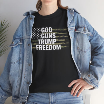 God Guns Trump Freedom Funny Camouflage Pro Gun USA Flag T-Shirt