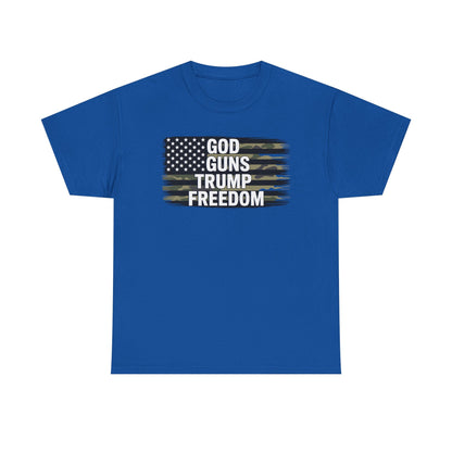 God Guns Trump Freedom Funny Camouflage Pro Gun USA Flag T-Shirt