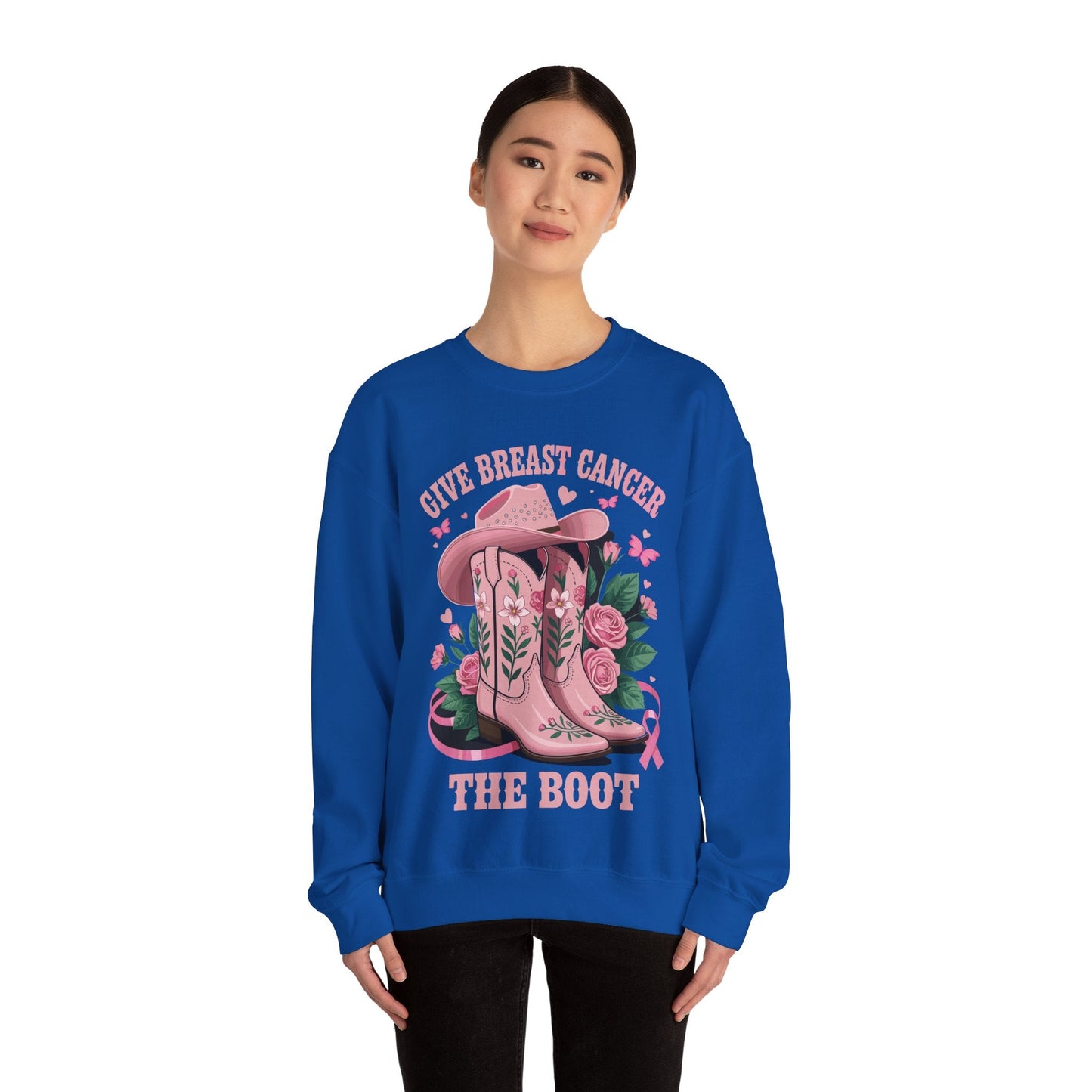 Give Breast Cancer The Boot Cowgirl Cancer Awareness Ribbon Sweatshirt