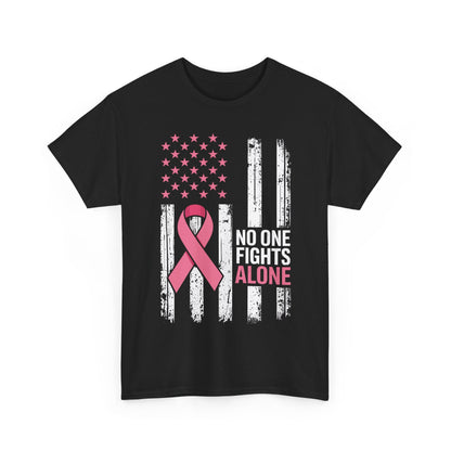 No One Fights Breast Cancer Alone American Flag Pink Ribbon T-Shirt