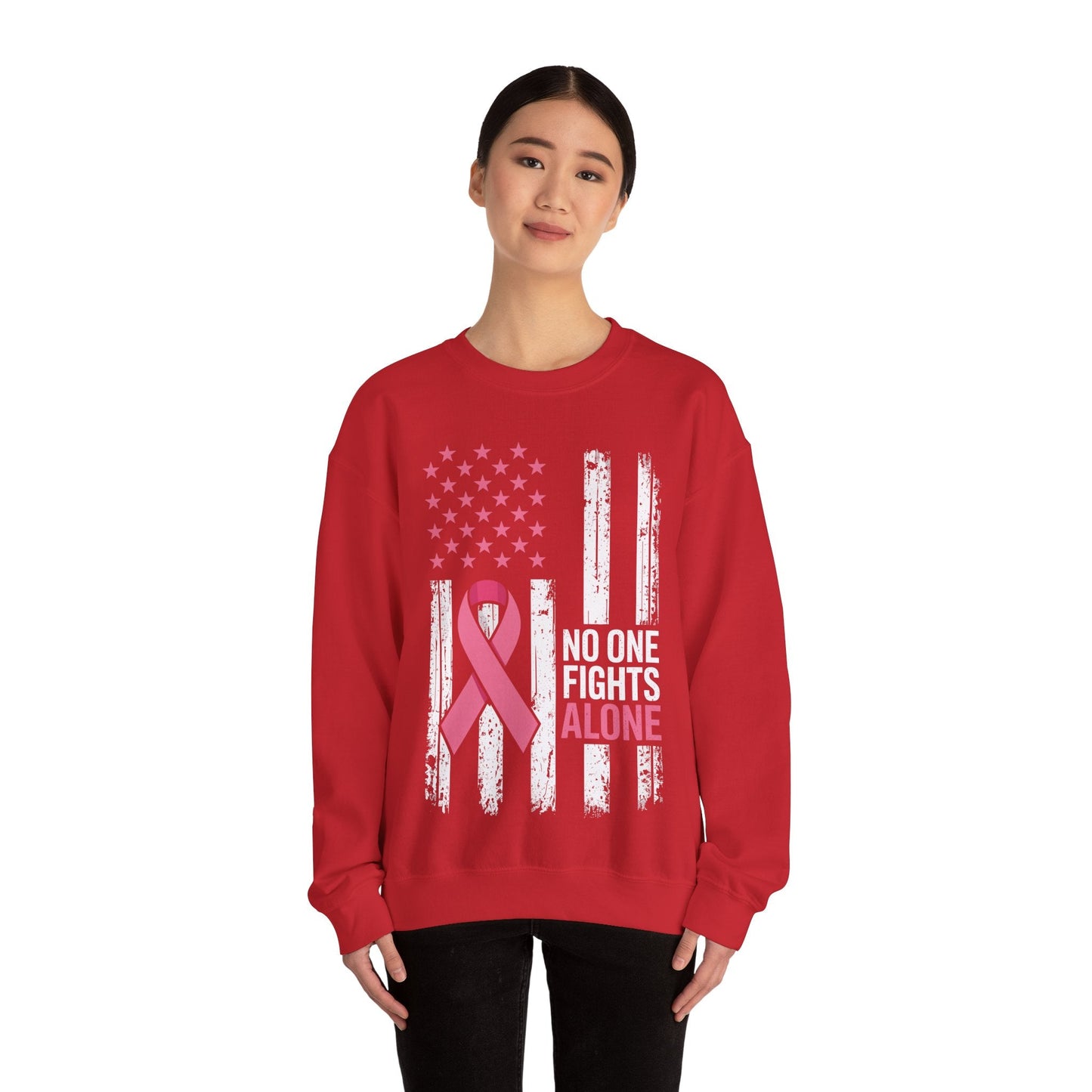 No One Fights Breast Cancer Alone American Flag Pink Ribbon Sweatshirt